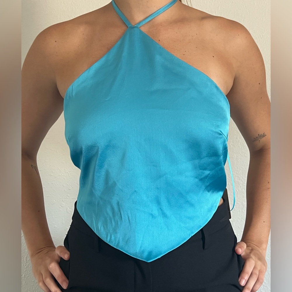 Blue open back halter top